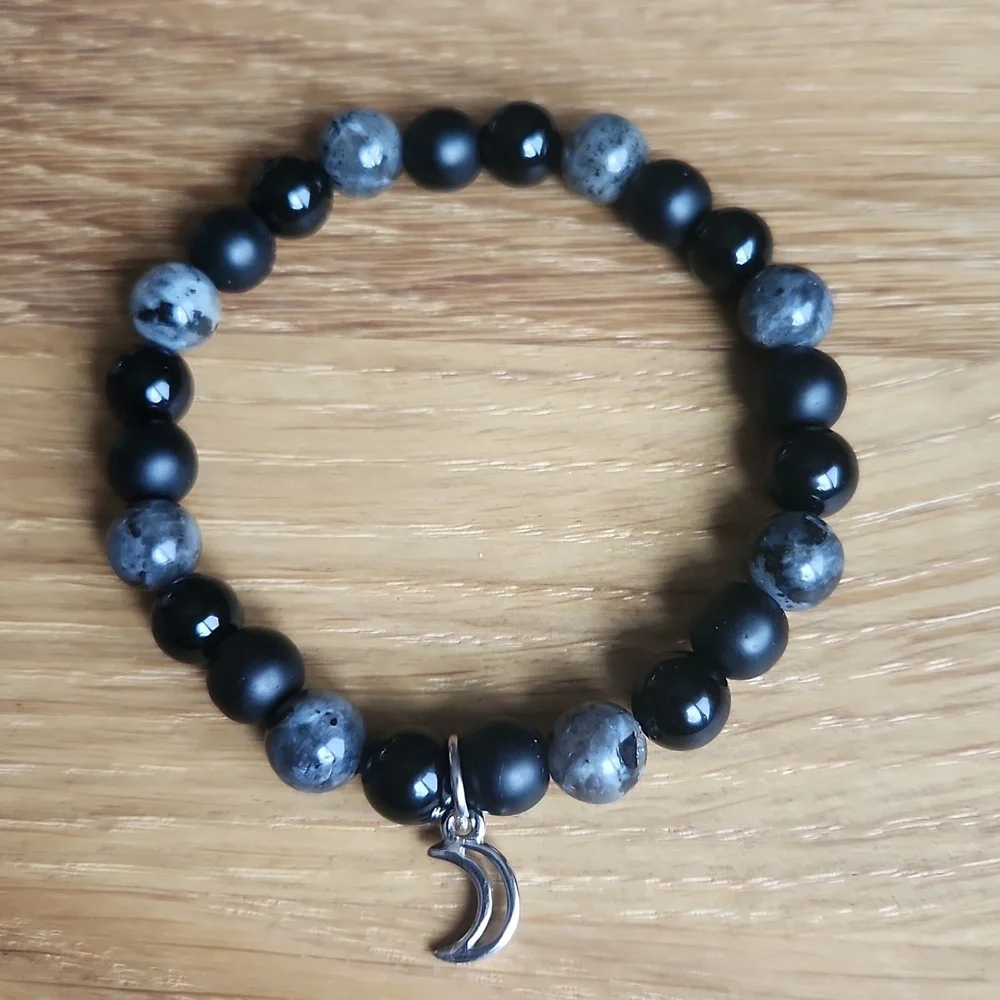 Gray Larvikite & Black Onyx Beaded Stretch Bracelet - Handmade